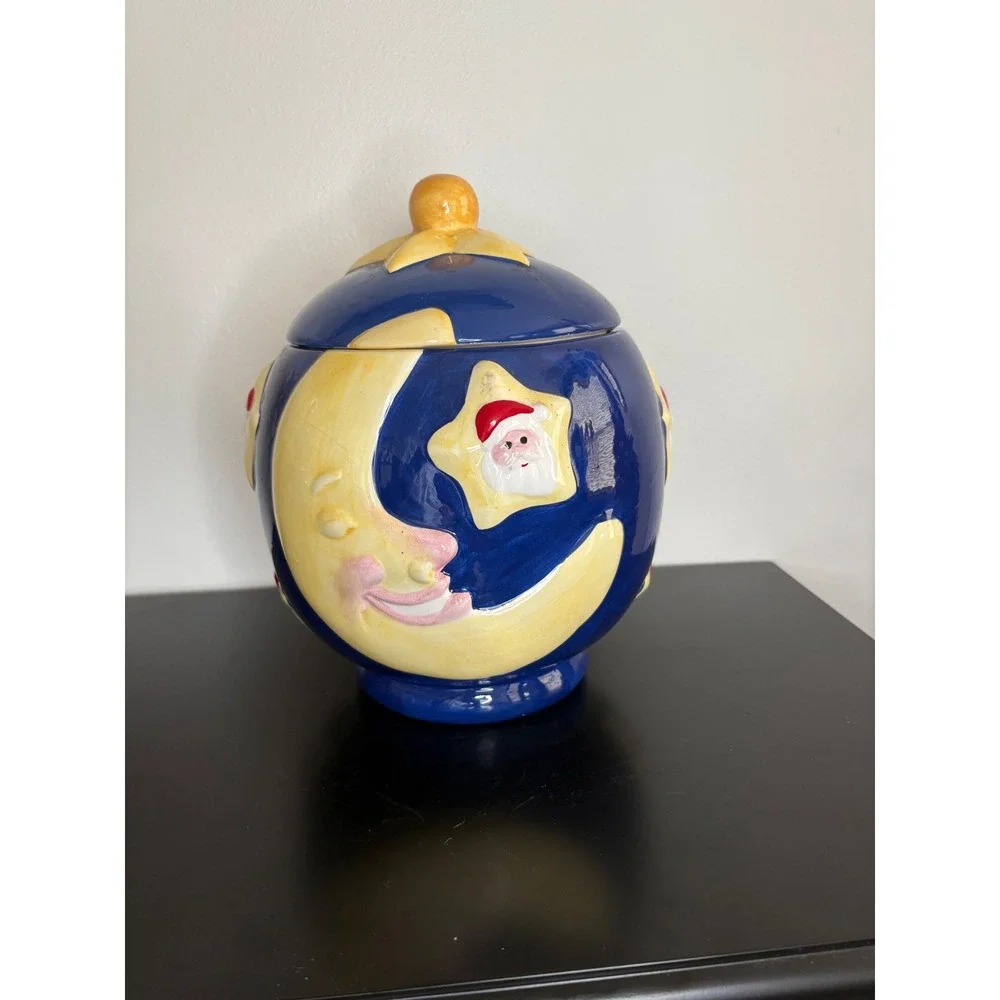 Round Santa Moon Star Blue Ceramic Cookie Jar Whimsical Christmas‎ Holidays